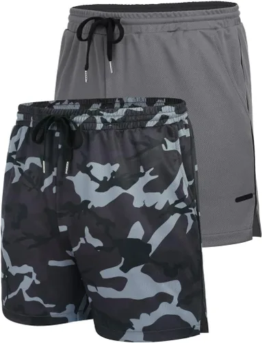 Vista 4 de COOFANDY Paquete de 2 pantalones cortos de entrenamiento de gimnasio para hombre, pantalones de malla ligeros para culturismo, entrenamiento