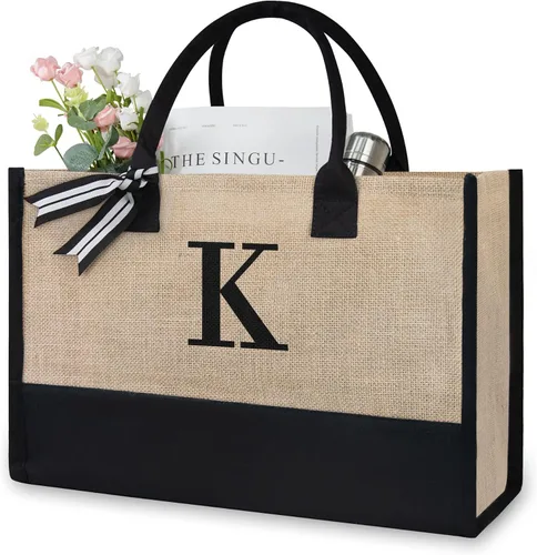 Vista 440 de TOPDesign Personalized Initial Canvas Beach Bag, Monogrammed Gift Tote Bag for Women