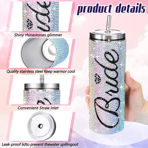 Vista 4 de Hoolerry - Vaso de novia con diamantes de imitación para novia, con tapa para popote y cepillo, acero inoxidable aislado, 16.9 onzas, regalos