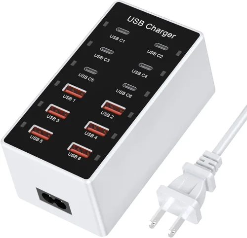 Vista 9 de Estación de carga USB C, cargador de pared para teléfono celular, 10 puertos USBC de carga rápida, cubo de alimentación 4 USB C 6 USB A, bloque