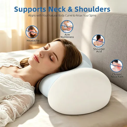Vista 7 de Cervical Memory Foam Pillow, Ergonomic Contour Support for Neck Pain Relief Blue and White