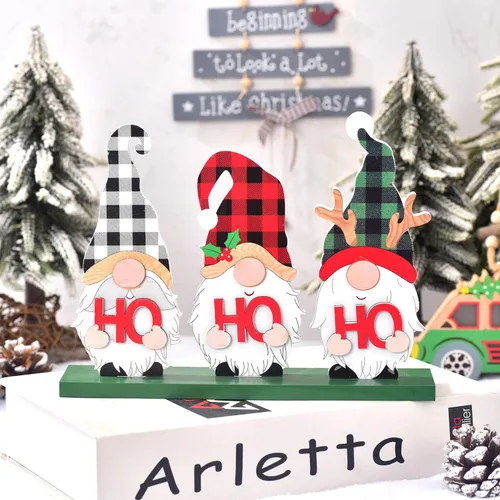 Vista 2 de Ovootok Decoración navideña para el hogar, letrero de madera rústica con gnomos Ho Ho Ho, decoración navideña de mesa para sala de estar, mesa