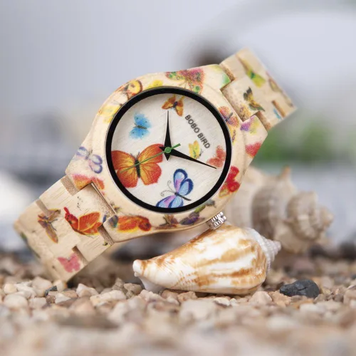 Vista 5 de BOBO BIRD Reloj de bambú para mujer, diseño de mariposa, hecho a mano, hecho a mano