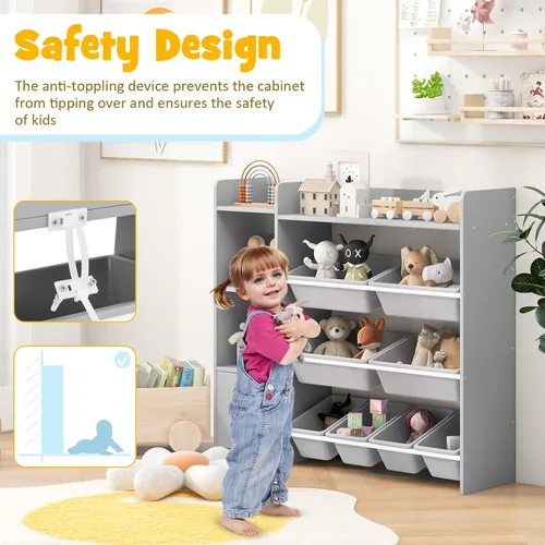 Vista 6 de GLACER Organizador de almacenamiento de juguetes para niños, estante de juguetes de 4 niveles con 8 contenedores de almacenamiento de plástico y Gris