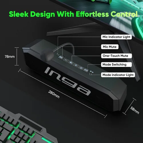 Vista 7 de INGA Altavoces de computadora con micrófono desmontable, barra de sonido USB Plug-and-Play con iluminación dinámica, modos de juego/música