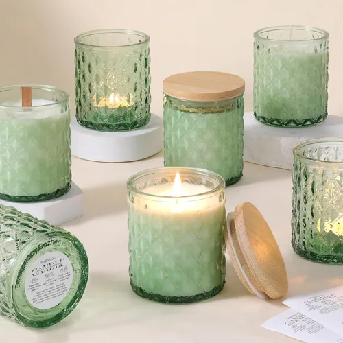 Vista 8 de MATAHUM Paquete de 8 tarros de vela azules para hacer velas, tarros de vidrio vacíos de 7 onzas para hacer velas con tapas de bambú para suministros