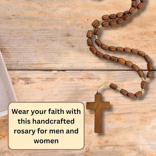 Vista 4 de Catholica Shop - Collar de Cuentas de Madera de Vestimenta Religiosa Católica con Colgante de Cruz de Madera, Collar de Rosario Católico I Collar