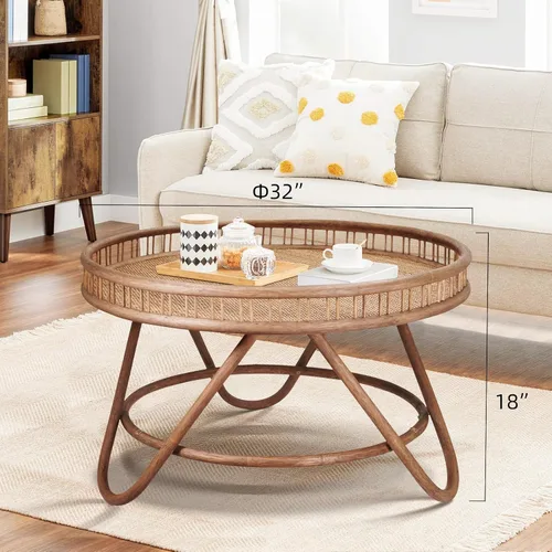 Vista 2 de FINECASA Mesa de centro redonda de ratán bohemio, tejida a mano, estilo moderno, mesa de centro redonda de mimbre para sala de estar, 32 x 18 Marrón