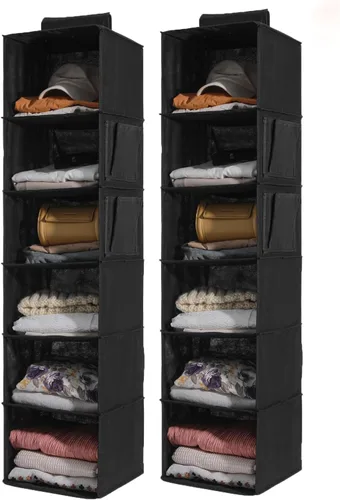 Vista 8 de 2 Packs Hanging Closet Organizer Storage, 3-Shelf Hanging Shelves for Closet, Closet Clothes Organizer and Storage with Side Pocket, Beige