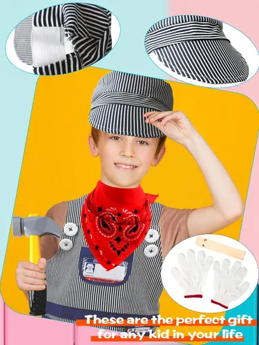 Vista 3 de Juego de 10 piezas de disfraz de conductor de tren para niños, kit de disfraz de ingeniero de tren, bandana y silbato para niños y niñas, Halloween