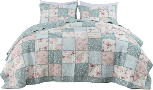Vista 8 de Chezmoi Collection Abbi - Juego de edredón de 2 piezas con diseño shabby chic, edredón de algodón prelavado con estampado floral, sábanas con diseño