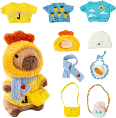Vista 12 de Capybara - Lindo peluche de peluche para niños y niñas, juego de 10 piezas, 9 prendas y accesorios, juguete de peluche Kawaii, peluche suave