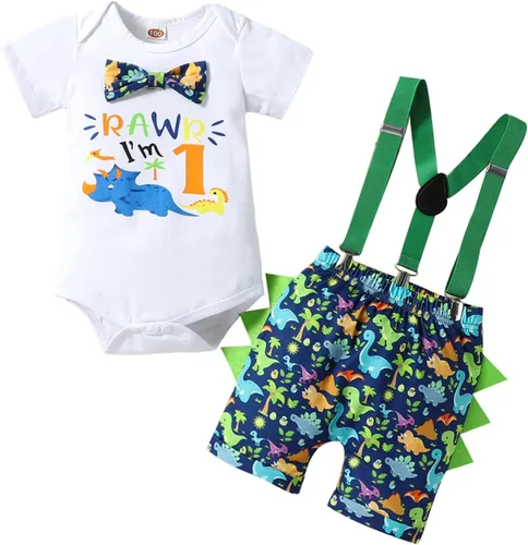Vista 31 de Ropa divertida para el primer cumpleaños para bebé, ropa para bebé, con corbatín, mameluco, pantalones, conjunto de tirantes, trajes de pastel