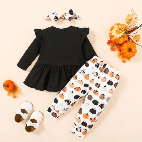 Vista 5 de Noubeau My 1st Halloween Baby Girl Outfits Ruffle Pumpkin Print Túnica Drees Camisa Pantalones Rayas Legging Otoño Invierno Ropa