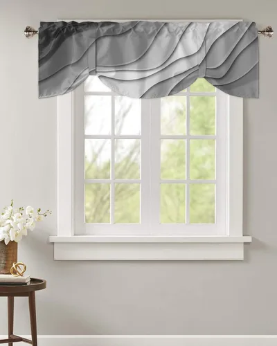 Vista 2 de Cenefa de amarre para ventanas, cenefa geométrica moderna gris con bolsillo para barra, tratamiento de ventana, cortinas cortas abstractas grises