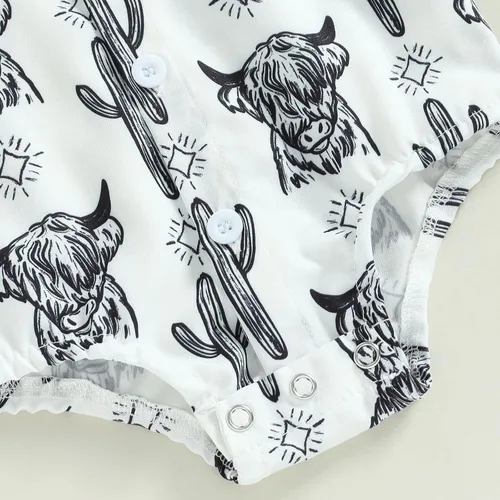 Vista 7 de Ropa occidental para bebé niño, camisa con estampado de vaca, mameluco de manga corta con botones, traje de verano de vaquero