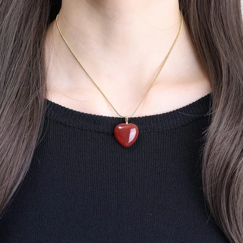 Vista 2 de COAI Collar de cornalina roja con colgante de corazón de cadena de serpiente, Piedra, Cornalina