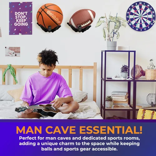 Vista 3 de Soporte de pelota montado en pared – Resina premium – Exhibición de baloncesto, fútbol, fútbol americano – Cuelga pelotas de forma segura