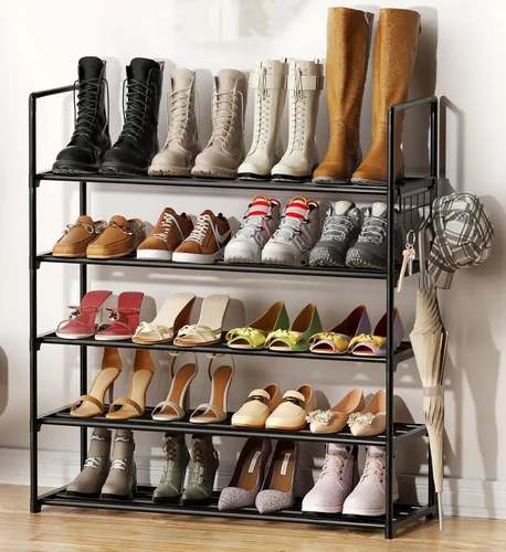 Vista 9 de Organizador de zapatos de metal, zapatero de 5 niveles con ganchos, se adapta a 20-25 pares, estante de zapatos ajustable para entrada, pasillo