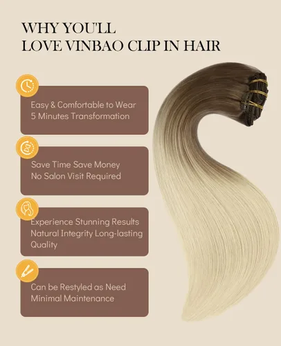Vista 46 de VINBAO Extensiones de cabello humano con clip, balayage, color marrón ceniza a rubio caramelo, 14 pulgadas, 6 unidades, 3.53 onzas, 6