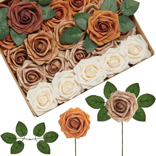Vista 25 de InnoGear Flores artificiales, paquete de 50 unidades, rosas artificiales de espuma negras con tallos a granel para decoración, ramos de boda DIY