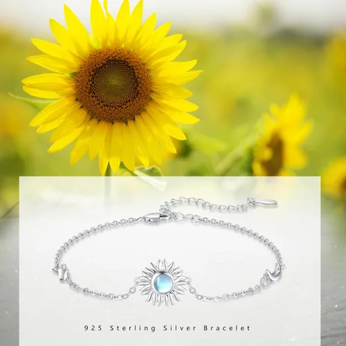 Vista 6 de CUOKA MIRACLE Pulseras de sol de piedra lunar, pulsera de plata de ley 925 de 7 pulgadas + 2 pulgadas, pulsera de cadena de eslabones ajustables