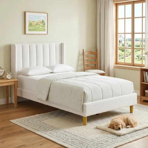 Vista 22 de Cama de plataforma tapizada de terciopelo Queen con cabecera con respaldo de alas, color crema Canal vertical acolchonado, listones de madera