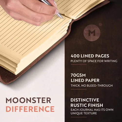 Vista 3 de Diario de cuero con papel para cuaderno rayado - MOONSTER® Diarios encuadernados en cuero para escribir para mujeres y hombres, 18x13cm Cuadernos
