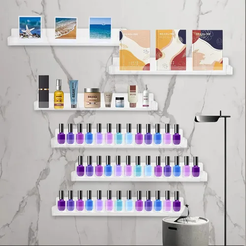 Vista 6 de Paquete de 6 estantes de esmalte de uñas, estante organizador montado en la pared con inserciones de extremo antideslizantes extraíbles, soporte