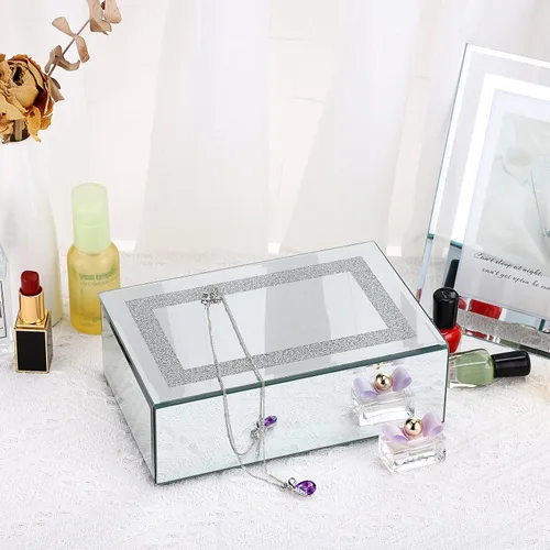 Vista 9 de ELLDOO Joyero, almacenamiento de cristal con espejo con superficie de diamantes triturados, organizador decorativo de lujo para aretes, anillos