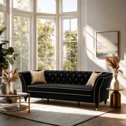 Vista 11 de Beige Velvet Chesterfield Sofa Set, 89.5" 3 Seater Couch for Living Room 2pcs Beige