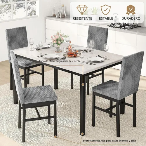 Vista 5 de Hooseng Juego de mesa de comedor para 4 mesas de comedor de 5 piezas de mármol sintético con 4 modernas sillas tapizadas de terciopelo para espacios