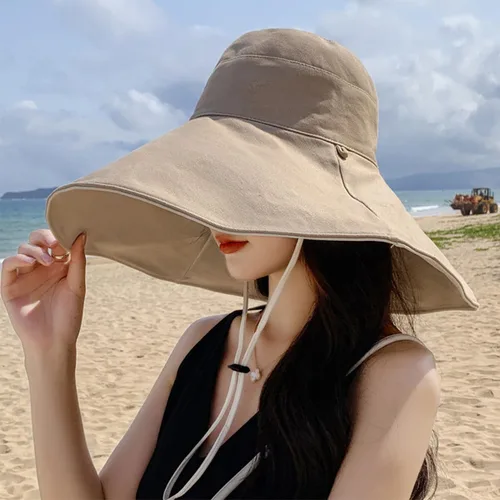 Vista 4 de Sombrero de ala ancha para mujer, de lino y algodón, reversible, ultra a la moda, sombrero de pescador de algodón para viajes, playa, al aire libre