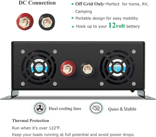 Vista 2 de WZRELB Inversor solar de onda sinusoidal pura de 1500 W, 24 V CC a 120 V CA, inversor de corriente fuera de la red para camping RV