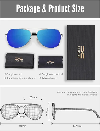 Vista 6 de Lentes para aviador Luenx polarizados para hombres y mujeres con armazón de metal grande protección UV 400