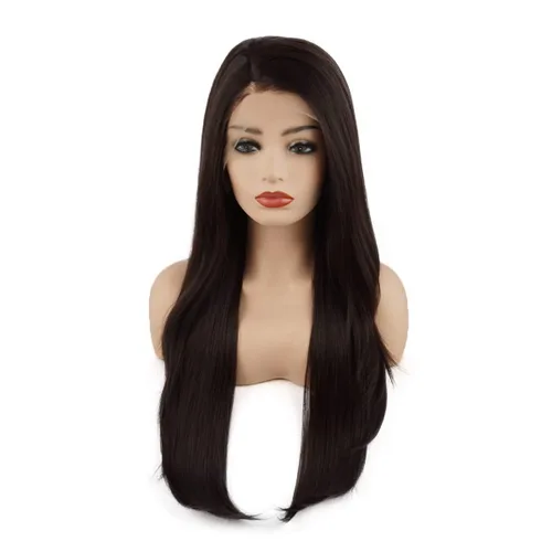 Vista 3 de Peluca de cabello liso largo de 24 pulgadas, castaño oscuro, densidad pesada, realista, resistente al calor, sintético con encaje frontal