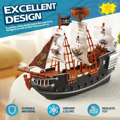 Vista 8 de Figuras de acción pirata, juego de barco pirata, juguetes de simulación de barco pirata con 6 figuras de acción y árbol, juguete de juego
