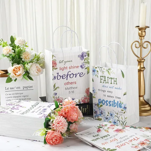 Vista 4 de Yeaqee 24 bolsas de regalo religiosas cristianas a granel con asas, 6 estilos reutilizables, flores religiosas, bautismo religioso, versículo
