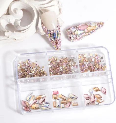 Vista 4 de Diamantes de imitación para uñas, gemas para arte de uñas, cristales rosas Ab, cristales de cristal multiformas, diamantes de imitación de parte