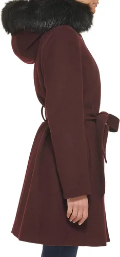 Vista 2 de Cole Haan Abrigo con capucha para mujer de lana con ribete de piel sintética desmontable