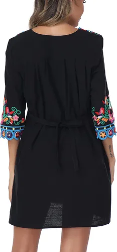 Vista 7 de YZXDORWJ Vestido floral mexicano bordado con cuello en V para mujer, vestido bohemio tradicional floral de manga larga