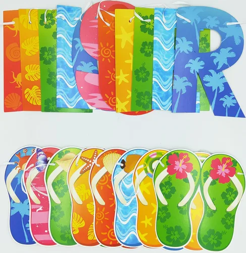Vista 3 de Cartel de Hello Summer y colorido banner de verano hawaiano tropical playa piscina sandalias guirnalda banner verano vacaciones fiesta cumpleaños