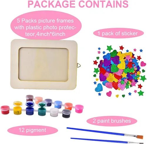 Vista 2 de Kit de manualidades de pintura de marco de fotos, 5 paquetes de marcos de fotos de madera de 6 x 8 pulgadas con soporte y protector transparente