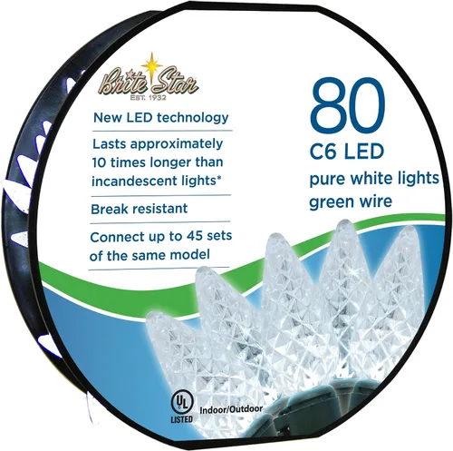 Vista 6 de Brite Star Luz facetada C6 de 80 Lt LED con cable verde, blanco puro