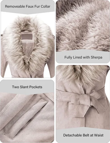 Vista 4 de Bellivera - Chaqueta larga de piel sintética para mujer, otoño e invierno, gabardina de moda con cuello de piel desmontable