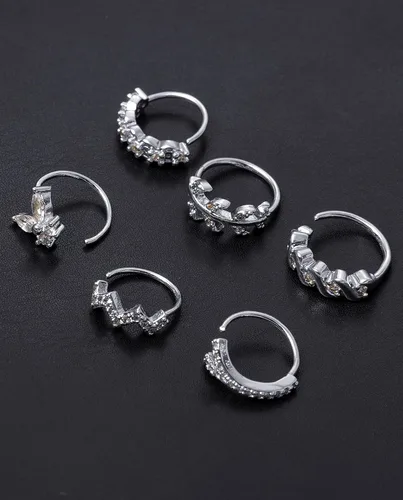 Vista 5 de Akeoqi 12 aros de nariz para cartílago, lindos aretes de hoja, estrella, circonita cúbica, mariposa, pavimentada, joyería para mujeres y hombres