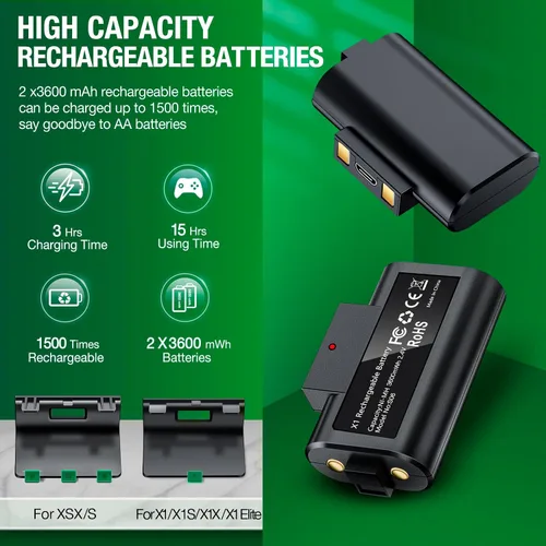 Vista 2 de Xbox Controller Battery Pack - 2x 1200mAh Rechargeable, High Speed Charging Station, Black
