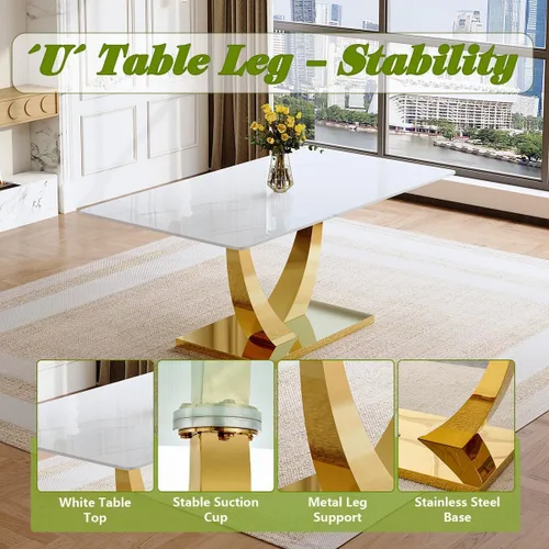 Vista 6 de Juego de mesa de comedor para 4, mesa de comedor de mármol sintético de 63 pulgadas con patas y base de acero inoxidable, sillas acolchadas
