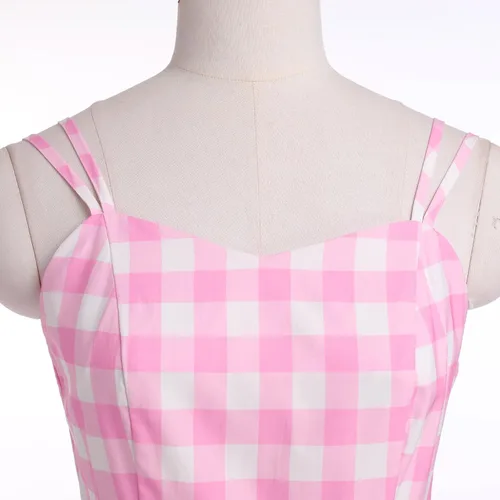 Vista 4 de Vestido vintage de cuadros rosa para mujer, vestido vintage de los años 50, vestido de cóctel de fiesta de los años 50, retro con tirantes delgados