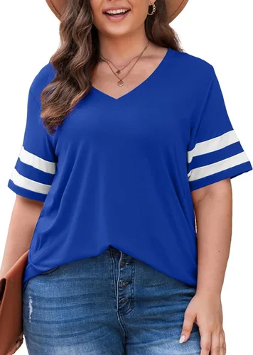 Vista 41 de Eytino Blusas de talla grande para mujer, cuello en V, manga corta, a rayas, casual, holgada, con bolsillo (1X-5X)